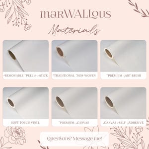 Puede incluir: Imagen que muestra seis tipos de materiales: removible y adhesivo, no tejido tradicional, art-brush premium, vinilo de tacto suave, lienzo premium y lienzo autoadhesivo. El texto "MARWALIOUS Materials" est&aacute; en la parte superior, con "Questions? Message me!" en la parte inferior.