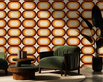 Retro 70s Wallpaper, Mid Century Modern Geometric Wallpaper, Brown Orange Oval Wall Mural, Vintage Abstract Wallpaper, Retro Decor 304