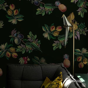Exotic fruit pattern wallpaper, Removable material, Botanical wallpaper, Black wallpaper, Dark background 105
