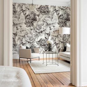 Black and White Peony Wallpaper, Botanical Floral Wall Mural, Vintage Sketch Flower Art, Removable Wallpaper, Peel and Stick Mural 175