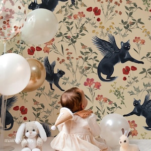 Whimsical Winged Cat Wallpaper, Gothic Black Cat and Wildflower, Vintage Boho Eclectic Peel & Stick Wall Mural 173