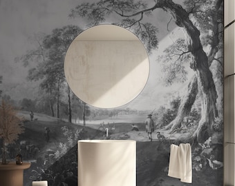 Vintage Landscape Wallpaper, Black and White Wall Mural, Moody Forest Peel and Stick, Dark Academia Bathroom Decor, Classic Nature Art 287