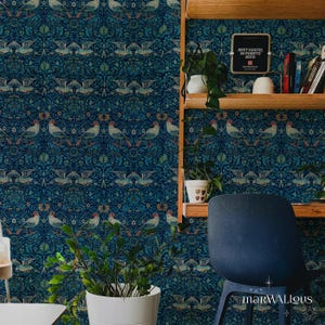 Birds wallpaper, William Morris mural, Vintage wallpaper, Removable wallpaper, Navy decor, Textured wallpaper 120