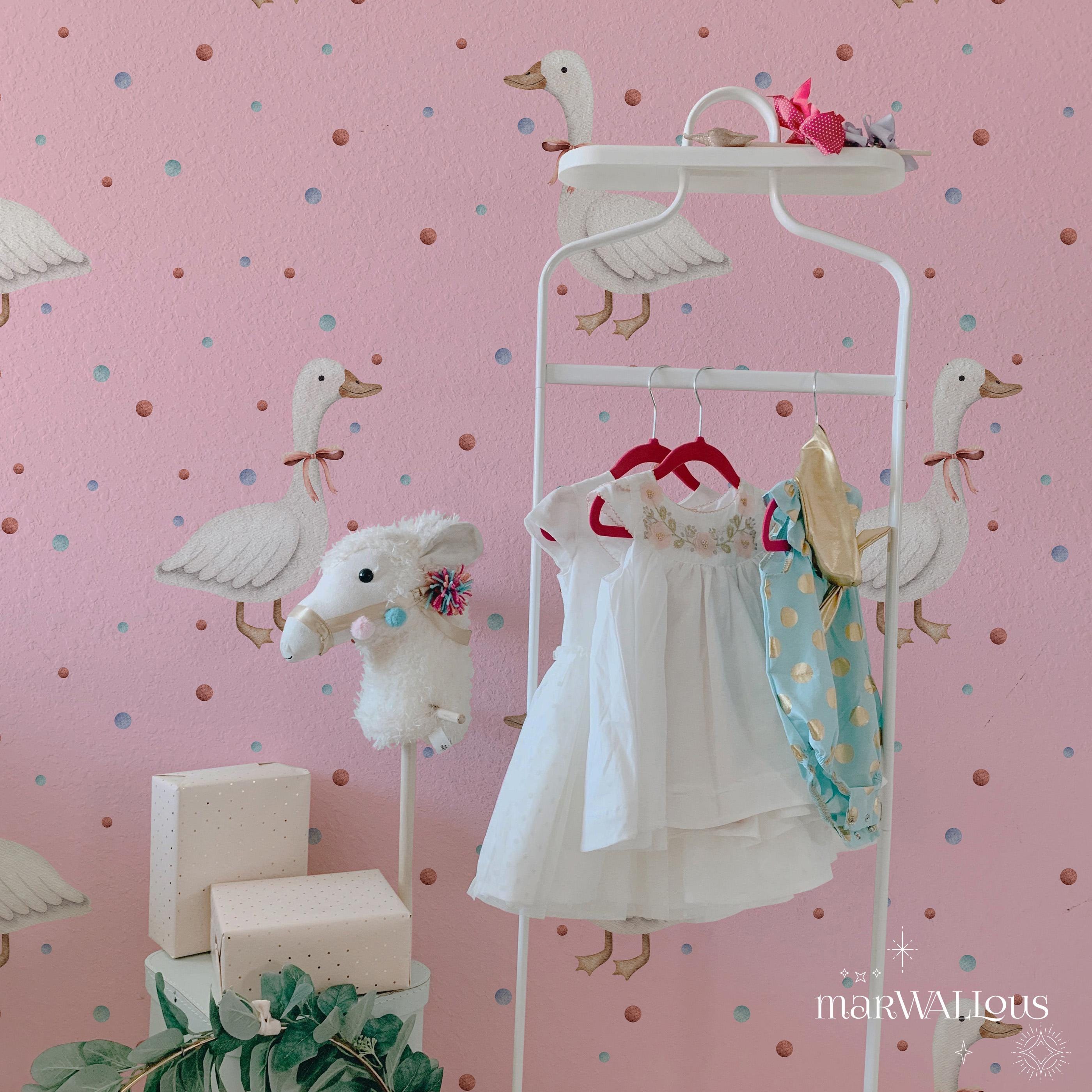 Cute Goose Pattern Wallpaper, Pink Farmhouse Peel and Stick Mural for ...
