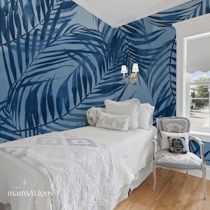 Blue leaves wallpaper, Tropical leaves mural, Exotic bedroom wallpaper, Removable wallpaper, Botanical decor 114