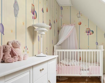 Cute Circus Bunny Wallpaper for Kids Room, Whimsical Pastel Peel and Stick Mural, Removable Nursery Playroom Animal Wall Decor 239