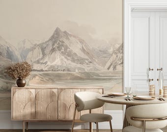Vintage Mountain Wallpaper, Alpine Landscape Wall Mural, Watercolor Mountain Wallpaper, Scenic Nature Mural, Neutral Country Decor 301
