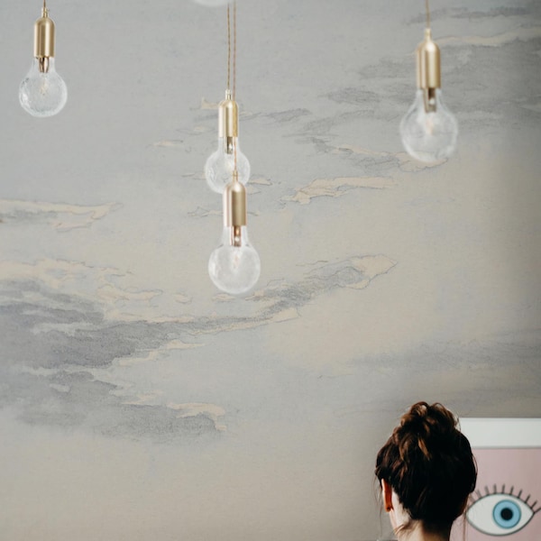 Cloudy sky wall mural, Mural wallpaper, Removable or traditional wallpaper, Boho vibe, Scenic wallpaper, Watercolor 74