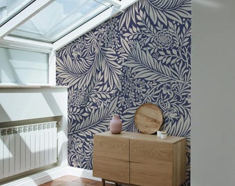Navy Botanical Wallpaper, Floral Wall Mural, Peel and Stick Wallpaper, Vintage Wallpaper, Removable Wallpaper, Morris Style 292