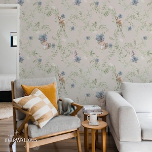 Nursery Wallpaper with Woodland Animals, Cute Deer, Bunny Pattern, Farmhouse Playroom Wall Decor 171