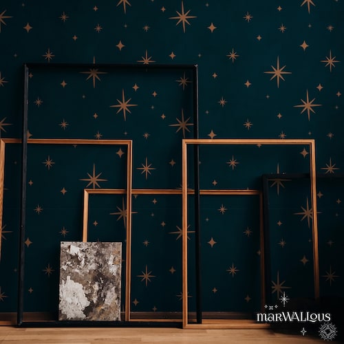 Gold night sky dark celestial wallpaper, Stars cosmic Wall Decor, Peel and stick Cosmic Wall Art 92