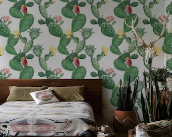 Green Cactus Wallpaper, Prickly Pear Botanical Mural, Boho Desert Plant Decor, Watercolor Floral Peel and Stick Removable Wall Art 280