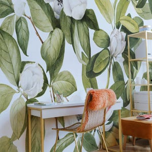 Magnolia wallpaper, Sweetbay, Botanical wall mural, Leaves, Floral, Flowers wall art, Peel and stick, Repositionable 27