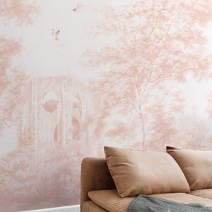Blush pastoral landscape, Peel and stick, Pastel pink wallpaper, Watercolor countryside scene, Subtle wallpaper 88