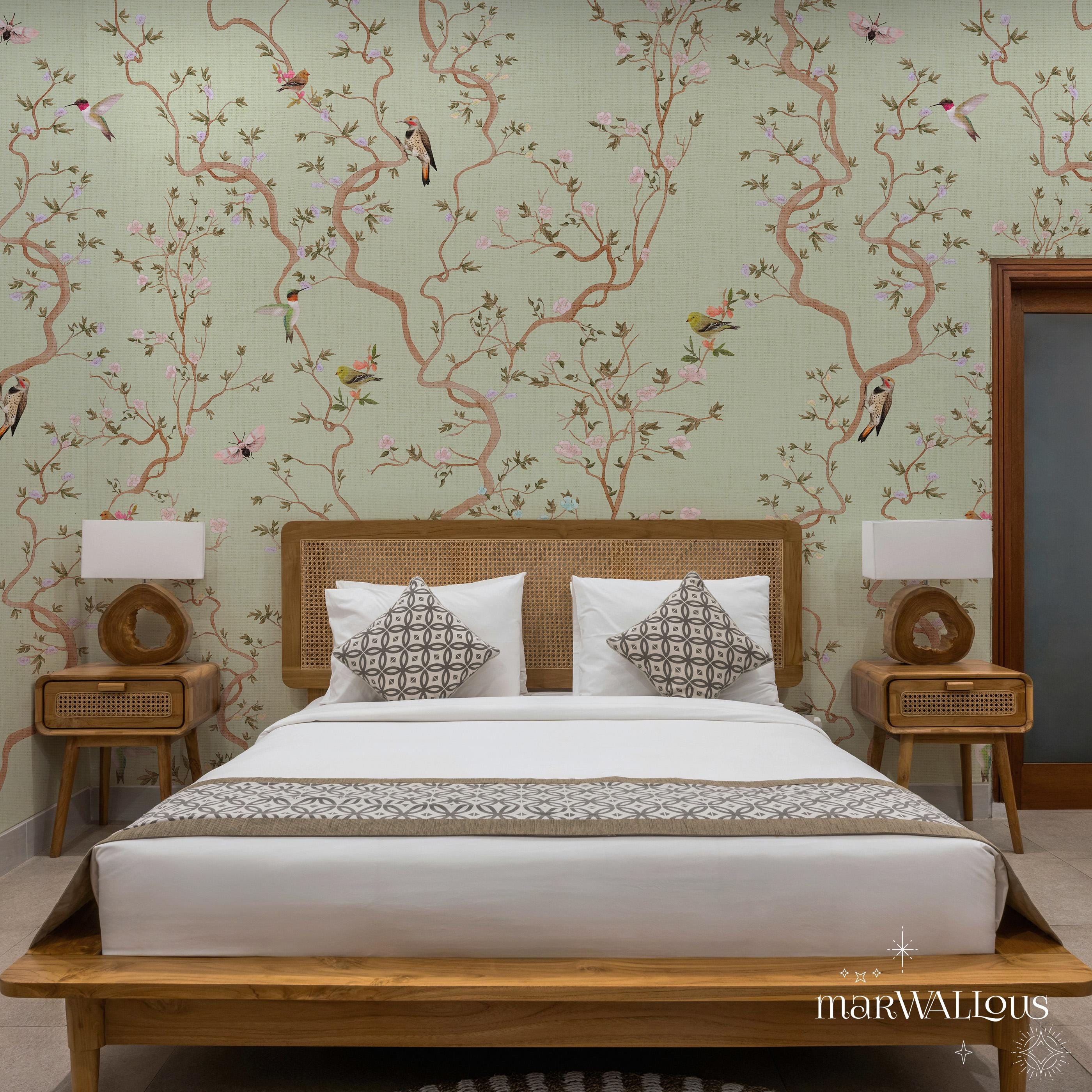 Charming Bird & Blossom Wallpaper, Green Pink Vintage Botanical Mural, Peel and Stick, Self Adhesive, Country Farmhouse Decor 157