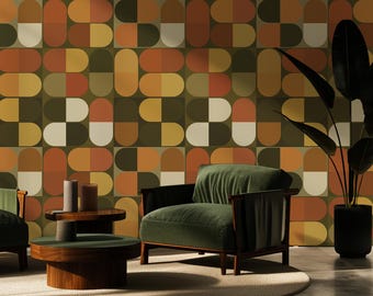 Brown Mid Century Modern Wallpaper, Retro Geometric Wallpaper, 70s Abstract Wall Mural, Vintage Geometric Decor, Retro Wallpaper 303
