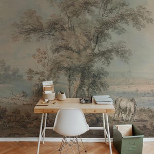 Vintage tree wallpaper, Watercolor lanscape, Panoramic, Scenic painting, Subtle wallpaper, Muted colors wall mural 81