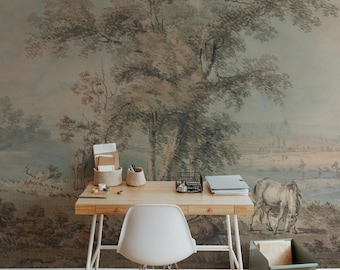 Può includere: Un murale di paesaggio ad acquerello con un grande albero, un cielo azzurro chiaro e un fiume sullo sfondo. Un tavolo di legno con una sedia bianca e un contenitore di stoccaggio in metallo verde sono in primo piano.