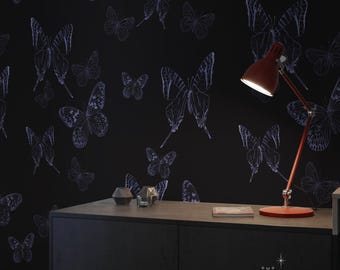 Moody Butterfly Peel and Stick Wallpaper, Dark Academia Gothic Mural 245