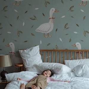 Country geese kids wallpaper, Elegant goose in hat and boho leaves, Pastel children decor 111