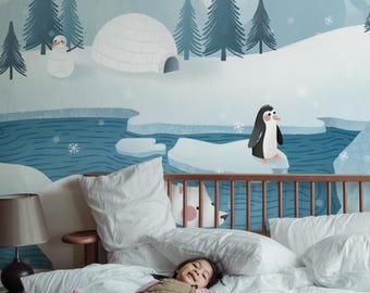 Arctic Animal Wall Mural, Penguin and Polar Bear Peel and Stick Wallpaper for a Gender Neutral Nursery or Kids Room Decor 221