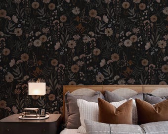Dark Floral Peel and Stick Wallpaper, Moody Wildflower Mural 246