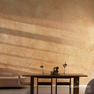 Gold flowers wallpaper, Peel and stick, Hand-drawn flower pattern, Cozy interior accent, Elegant wallpaper 121