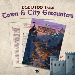 May include: A D&D D100 table titled "Town & City Encounters" with a fantasy city illustration on the cover. The image includes a stack of papers with text and a castle illustration. The text on the cover reads "Town & City Encounters".