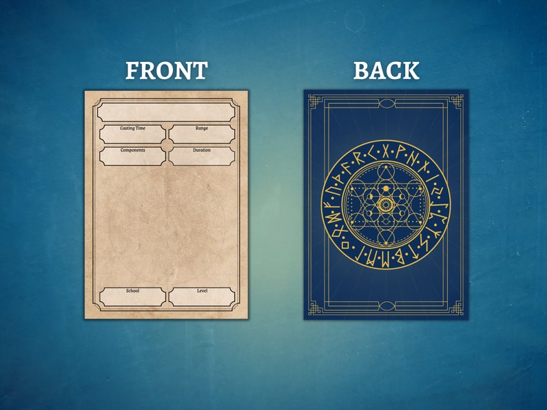 May include: A blank spell card with a gold border and a blue background. The front of the card has spaces for the spell's name, casting time, range, components, duration, school, and level. The back of the card has a blue background with a gold circle containing a geometric design.