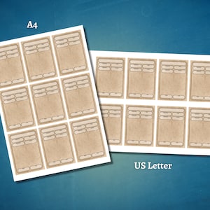 May include: Printable sheet with 12 blank card templates, designed for use with A4 and US Letter paper sizes. The templates have a vintage, parchment-like background with a decorative border.
