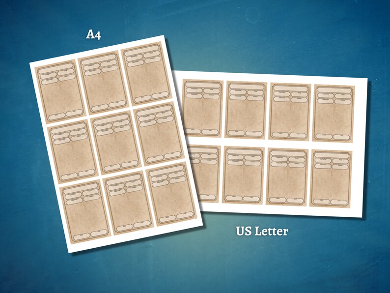 May include: Printable sheet with 12 blank card templates, designed for use with A4 and US Letter paper sizes. The templates have a vintage, parchment-like background with a decorative border.