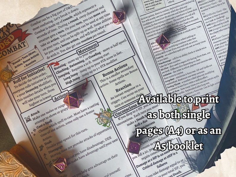 K&ouml;nnte beinhalten: Nahaufnahme eines bedruckten Tabletop-Rollenspielblatts (RPG) mit Fokus auf den Abschnitt "Roll for Initiative!" Das Blatt ist auf wei&szlig;em Papier mit schwarzem Text gedruckt und zeigt einen mehrfarbigen, mehrseitigen W&uuml;rfel. Der Text auf dem Blatt enth&auml;lt "Round Turn (Move, Action, Bonus Action) + Reaction" und "Verf&uuml;gbar zum Drucken als Einzelbl&auml;tter (A4) oder als A5-Brosch&uuml;re".