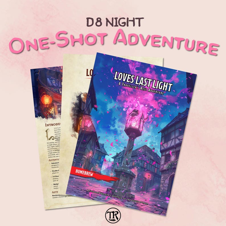 K&ouml;nnte beinhalten: Ein Tabletop-Rollenspiel-Abenteuer mit dem Titel "Loves Last Light: A Traveler's Rest Adventure" mit einer Fantasy-Illustration einer leuchtenden Laterne in einer Stadt.