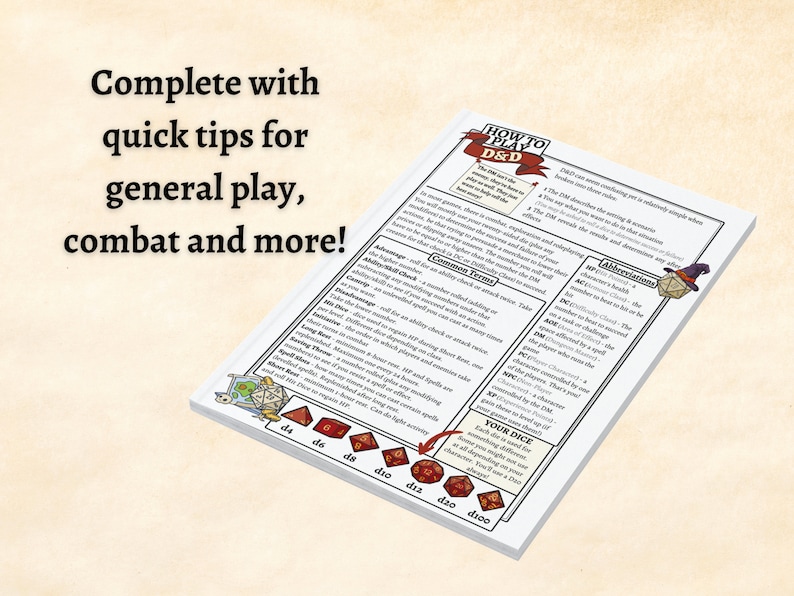K&ouml;nnte beinhalten: Ein wei&szlig;-schwarzer Leitfaden zum Spielen von Dungeons and Dragons (D&D) mit einem roten und schwarzen W&uuml;rfelset. Der Leitfaden enth&auml;lt g&auml;ngige Begriffe, Abk&uuml;rzungen und Tipps f&uuml;r das allgemeine Spiel und den Kampf.