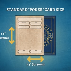 May include: A standard size playing card, measuring 3.5 inches by 2.5 inches, with a blank template on one side and a blue background with gold accents and runes on the other side.