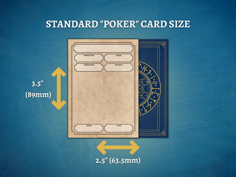 May include: A standard size playing card, measuring 3.5 inches by 2.5 inches, with a blank template on one side and a blue background with gold accents and runes on the other side.