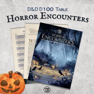 Puede incluir: Un suplemento de juego de rol de mesa titulado "Horror Encounters" con una portada de escena de bosque, cuervos y velas. La imagen incluye páginas con texto y una calabaza tallada.