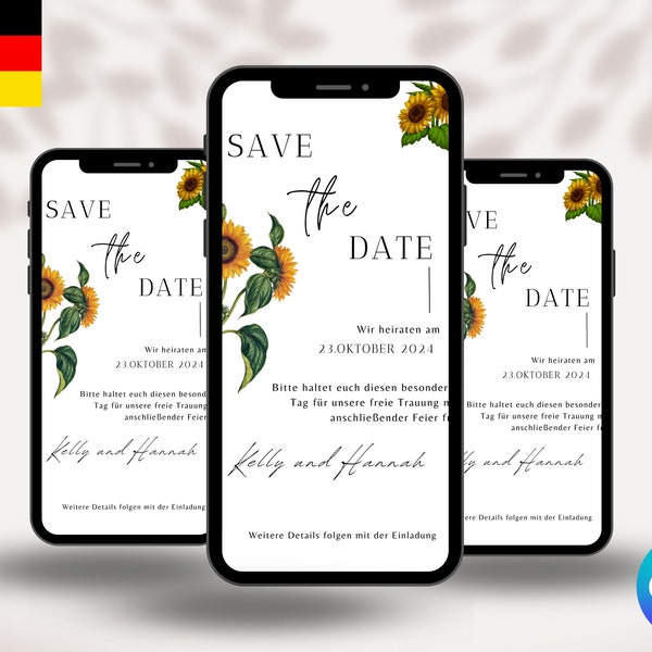 Sonnenblumen Minimalistisch Save the Date Hochzeitseinladung, Digitale Hochzeitseinladung, Personalisierbar in Canva, Whatsapp einladung