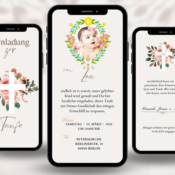 Digitale Einladung zur Taufe per Whatsapp | eCard Taufe Einladung personalisiert mit Namen und Daten | personalisierbare Canva Vorlage