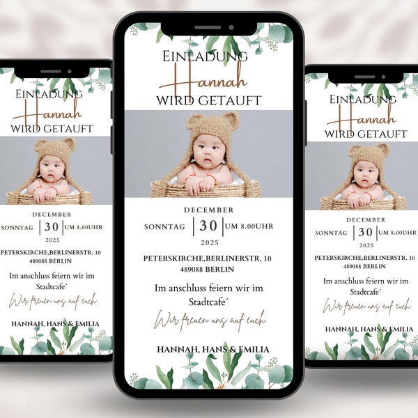 Digitale Einladung zur Taufe per Whatsapp | eCard Taufe Einladung personalisiert mit Namen und Daten | personalisierbare Canva Vorlage