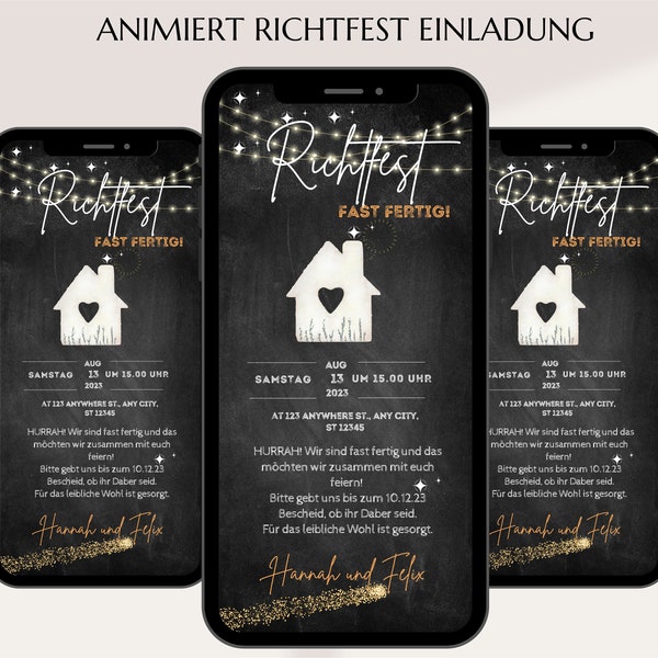 Digitale Einladung Richtfest, eCard Richtfest zum Personalisieren Individuelle Einladungskarte Hausbau zum Versenden per Whatsappa SMS Canva