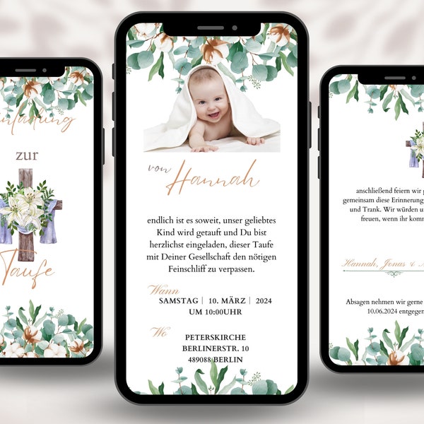 DIY Digitale Taufe Einladung in Canva bearbeitbar, eCard Digital einladung, animierte Einladungskarte für Taufe zum Versenden per WhatsApp
