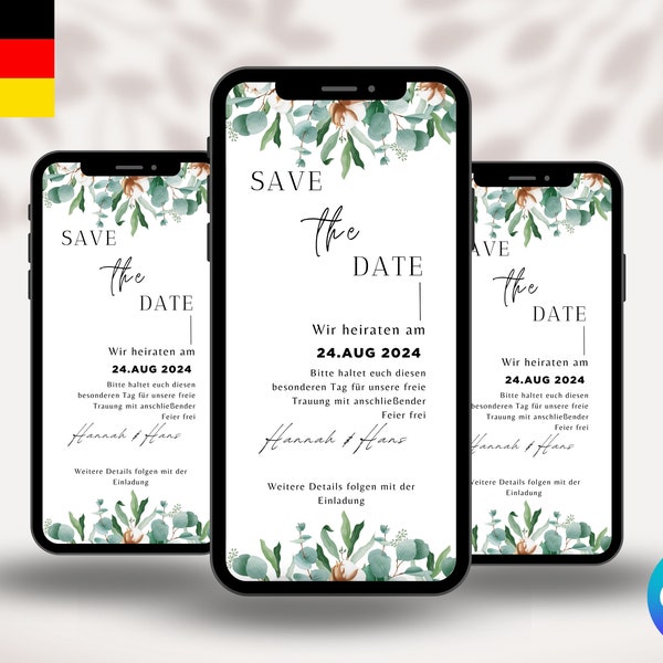 Digital Save the Date Hochzeit Einladung Vorlage, Personalisierbar mit Canva, Whatsapp Einladung, Minimalistisch Hochzeitseinladung Canva