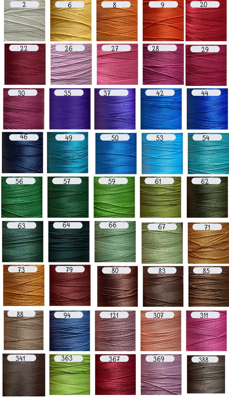 May include: A grid of forty-five spools of thread in various colors, each labeled with a white rectangular tag containing a black number. The colors range from white, yellow, orange, and red to various shades of pink, purple, blue, green, and brown.