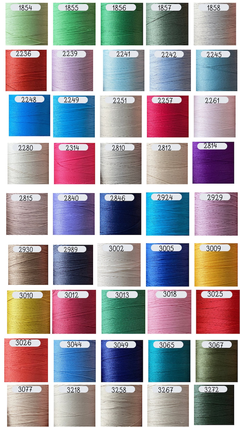May include: A grid of forty-five cylindrical spools of sewing thread in various colors, each labeled with a white rectangular tag displaying a unique four-digit identification number ranging from 1854 to 3272, arranged in nine rows and five columns.