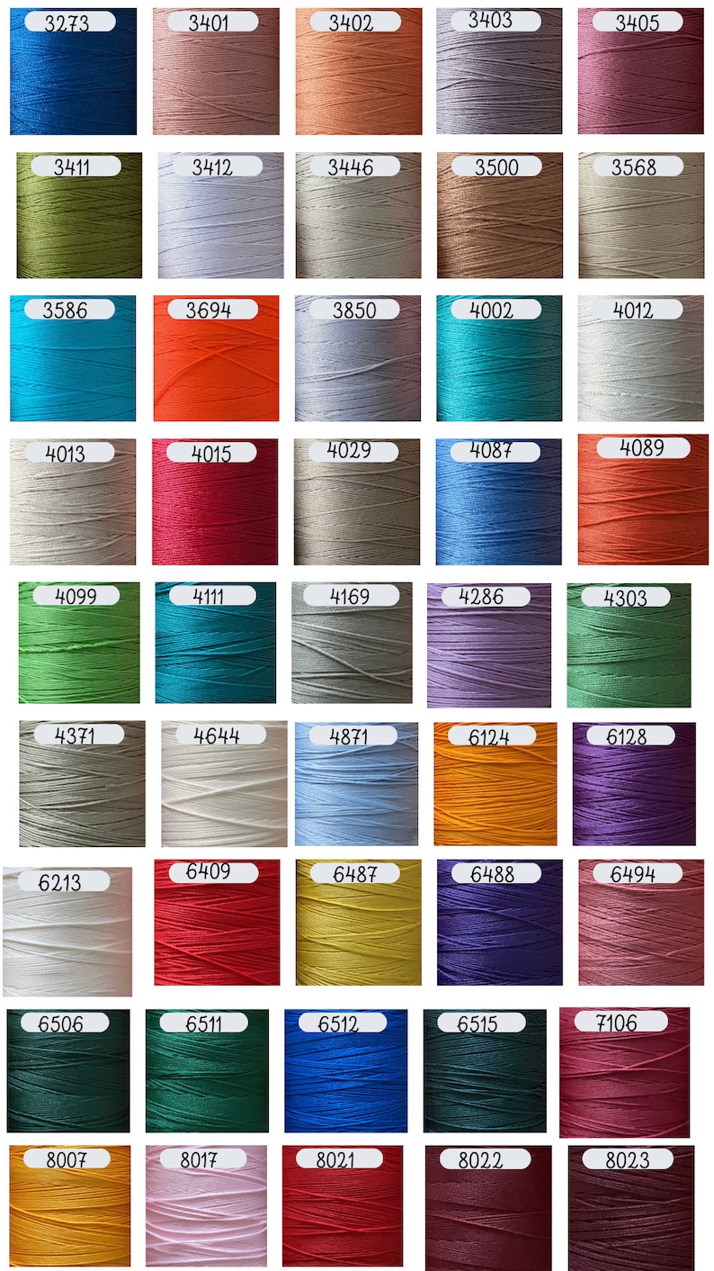 May include: A grid of forty-five spools of thread in various colors, each labeled with a unique four-digit number. The collection includes shades of blue, green, red, yellow, purple, pink, brown, gray, white, and orange, all arranged in rows.
