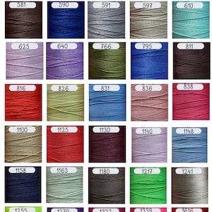 May include: A grid of forty spools of thread in various colors, each labeled with a unique numerical identifier on a white rectangular tag. The collection includes shades of yellow, red, blue, green, purple, gray, brown, and pink.