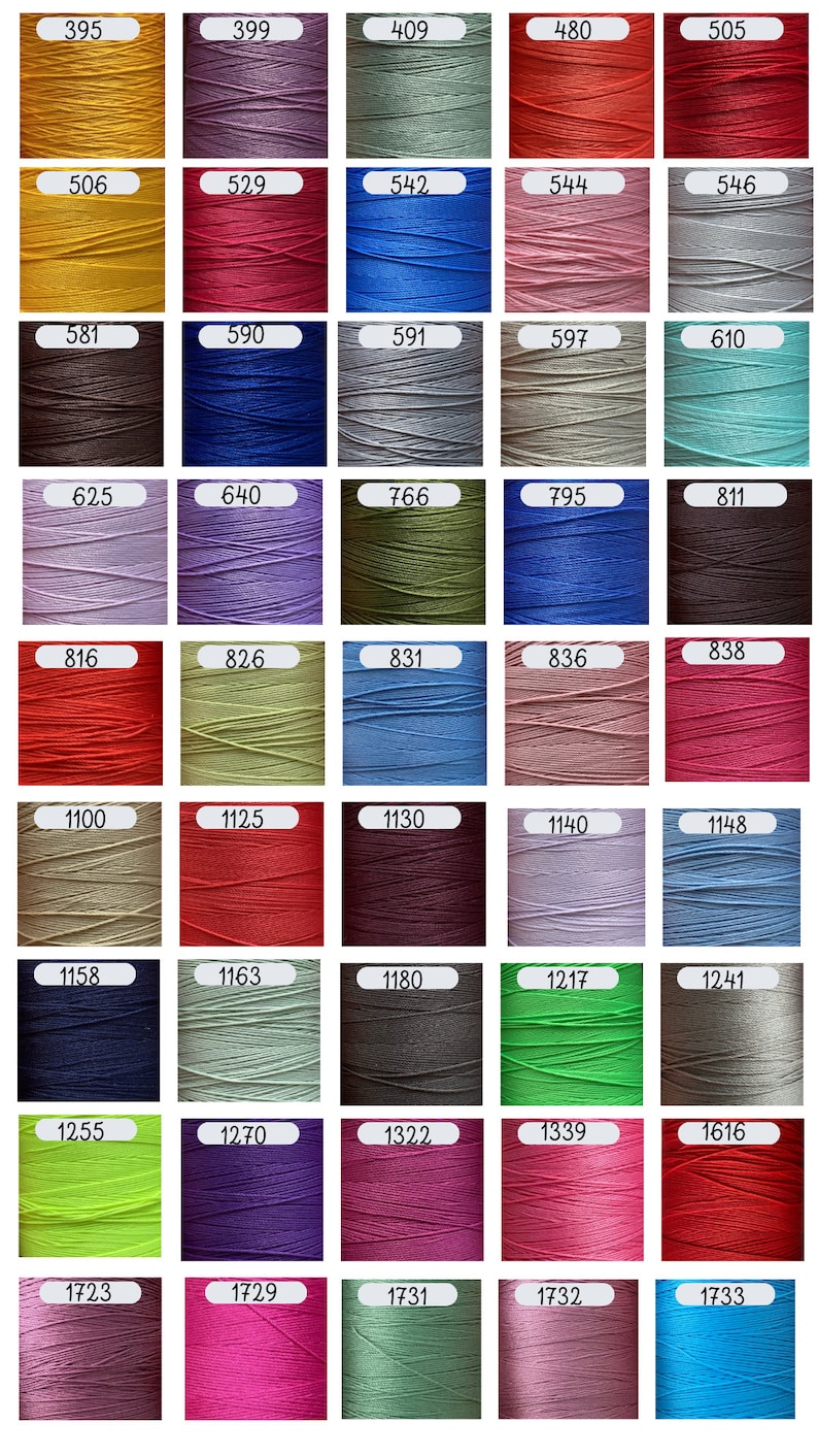 May include: A grid of forty spools of thread in various colors, each labeled with a unique numerical identifier on a white rectangular tag. The collection includes shades of yellow, red, blue, green, purple, gray, brown, and pink.