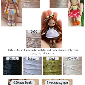 May include: A catalogue of crochet dolls with various skin tones, yarn spools labeled 1108, 1779, and 3400, and yarn colors including black, white, gold, and off-white. Includes 0.50 mm crochet hooks and 3 mm safety eyes for doll making.