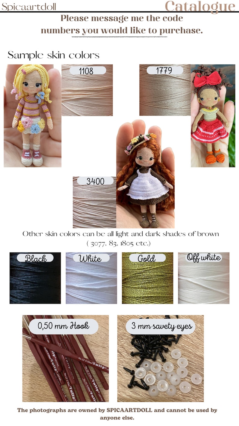 May include: A catalogue of crochet dolls with various skin tones, yarn spools labeled 1108, 1779, and 3400, and yarn colors including black, white, gold, and off-white. Includes 0.50 mm crochet hooks and 3 mm safety eyes for doll making.